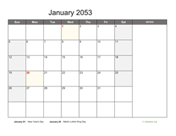 Monthly 2053 Calendar with Notes