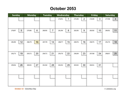 October 2053 Calendar with Day Numbers