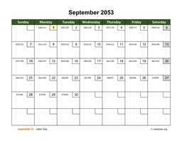 September 2053 Calendar with Day Numbers