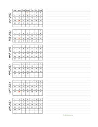 six months 2053 calendar vertical with notes