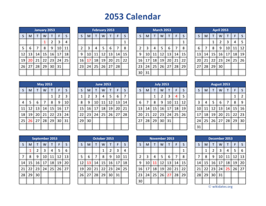 2053 Calendar in PDF