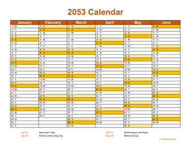 2053 Calendar on 2 Pages, Landscape Orientation