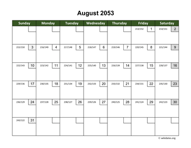 August 2053 Calendar with Day Numbers