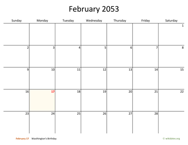February 2053 Calendar with Bigger boxes