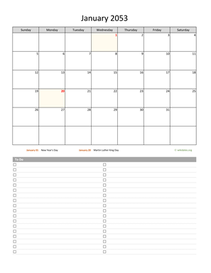 January 2053 Calendar with To-Do List