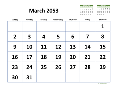 March 2053 Calendar with Extra-large Dates