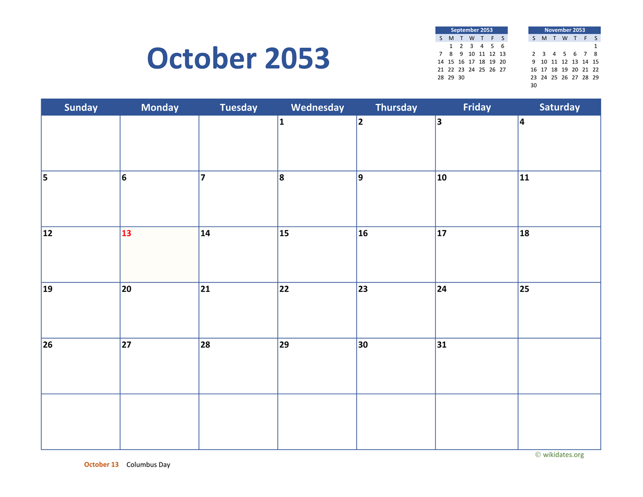 October 2053 Calendar Classic