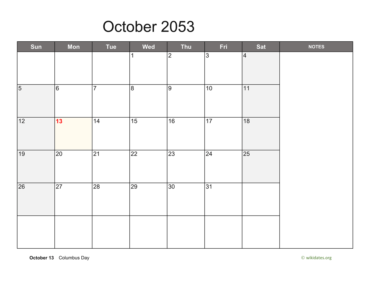 October 2053 Calendar With Notes