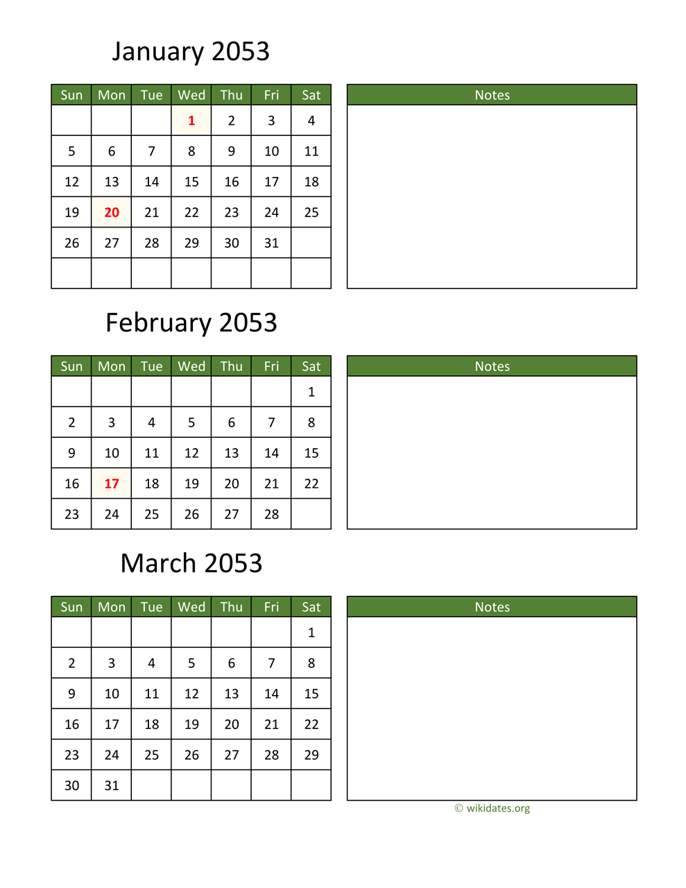 Printable 2053 calendar wikidates