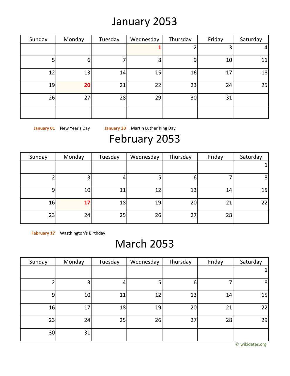 Printable 2053 Calendar