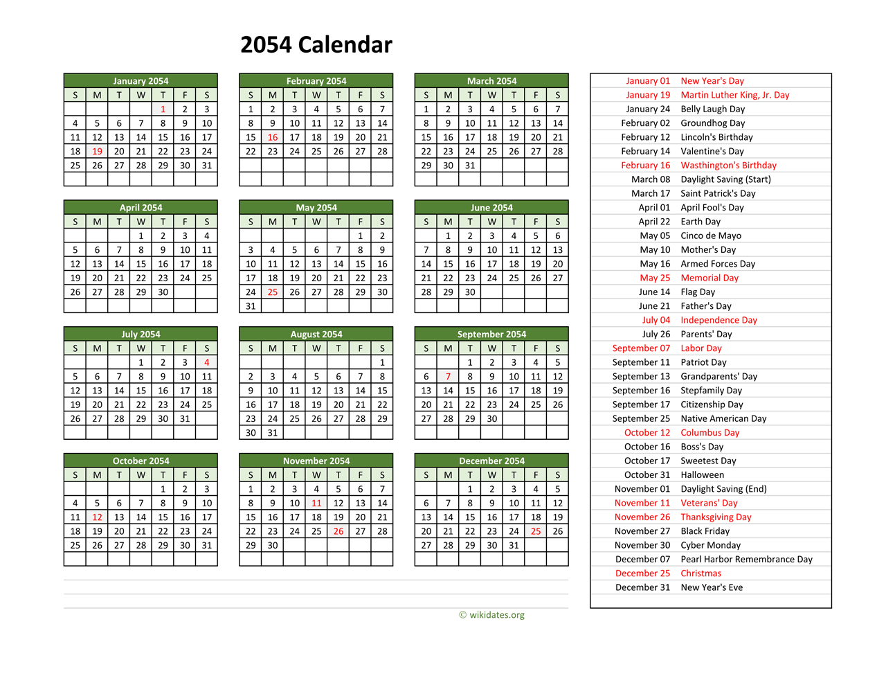 2054 Calendar with US Holidays