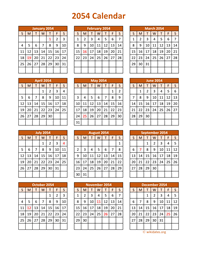 Full Year 2054 Calendar on one page