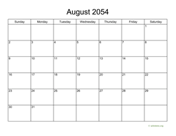Basic Calendar for August 2054