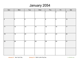 Monthly 2054 Calendar with Weekend Shaded