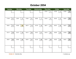 October 2054 Calendar with Day Numbers