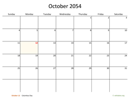 October 2054 Calendar with Bigger boxes