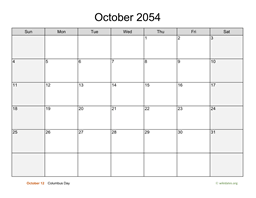 October 2054 Calendar with Weekend Shaded