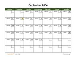 September 2054 Calendar with Day Numbers