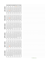 six months 2054 calendar vertical with notes