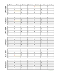 six months 2054 calendar vertical