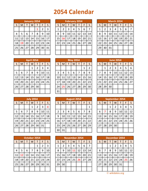 Full Year 2054 Calendar on one page