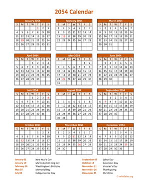 Calendar 2054 Vertical