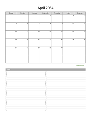 April 2054 Calendar with To-Do List