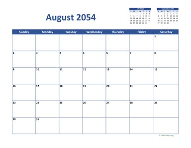 August 2054 Calendar Classic