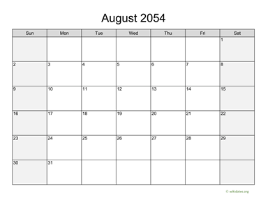 August 2054 Calendar with Weekend Shaded