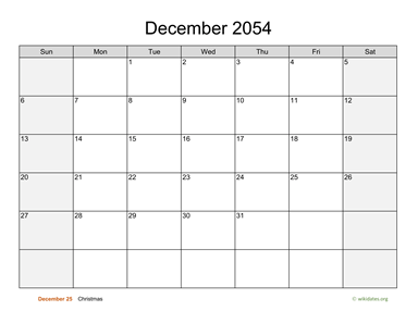 December 2054 Calendar with Weekend Shaded