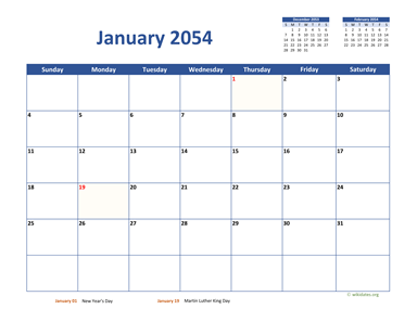 January 2054 Calendar Classic