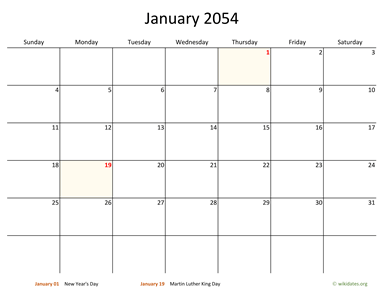 January 2054 Calendar with Bigger boxes