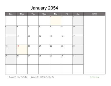 January 2054 Calendar with Notes
