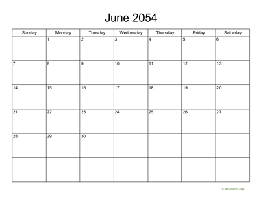 Basic Calendar for June 2054