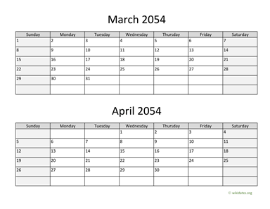 March and April 2054 Calendar Horizontal
