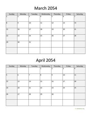 March and April 2054 Calendar Vertical
