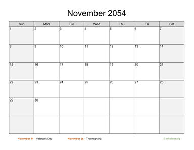 November 2054 Calendar with Weekend Shaded