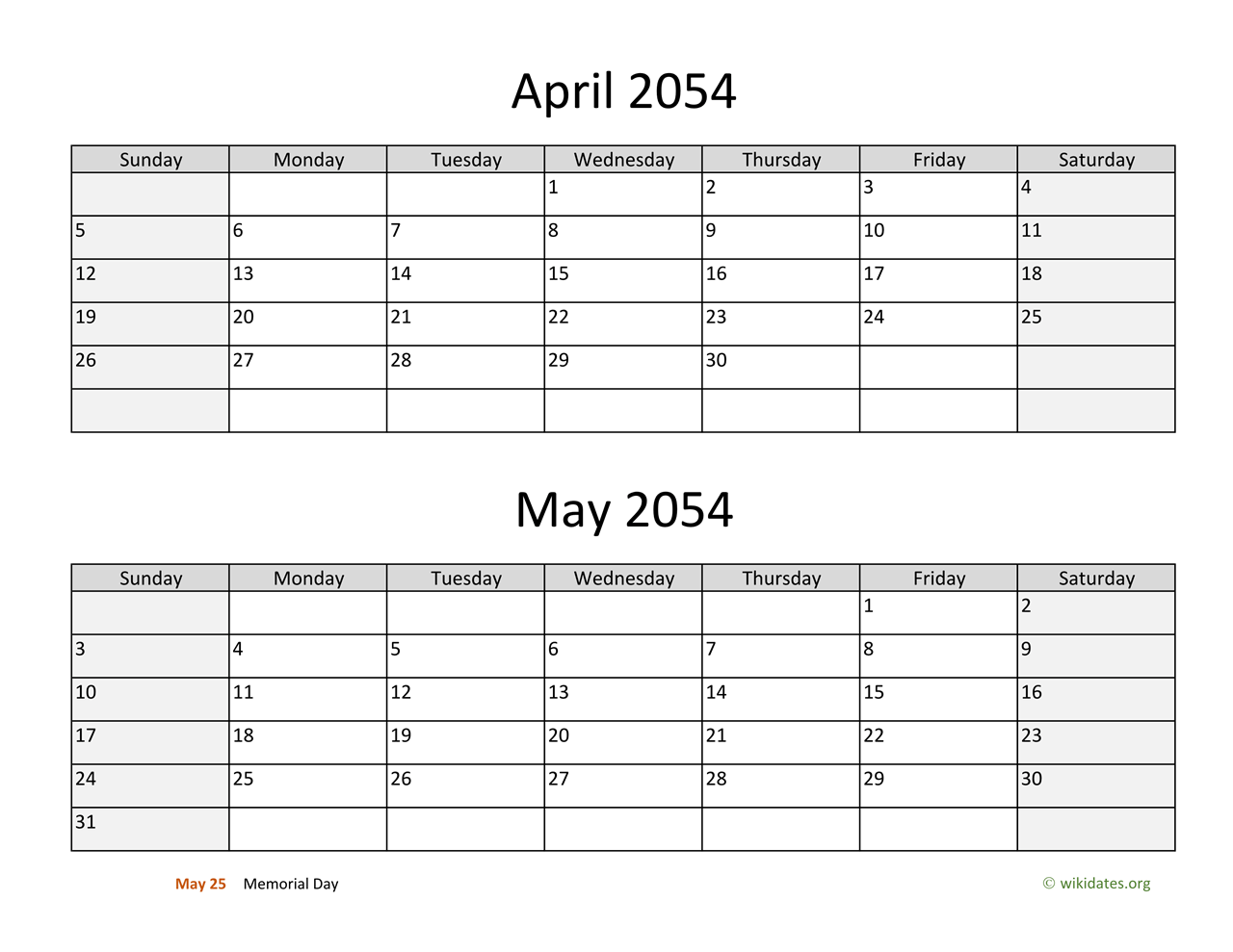 April And May 2054 Calendar