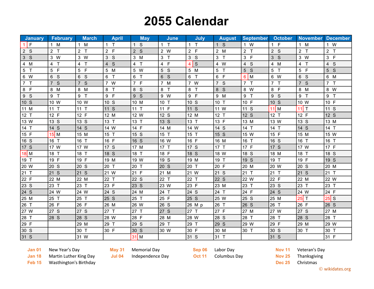 2055 Calendar Horizontal, One Page