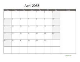 April 2055 Calendar with Notes