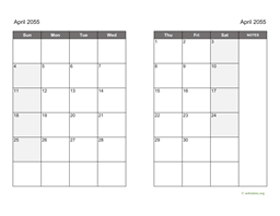 April 2055 Calendar on two pages
