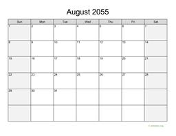 August 2055 Calendar with Weekend Shaded