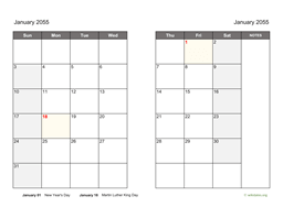 January 2055 Calendar on two pages