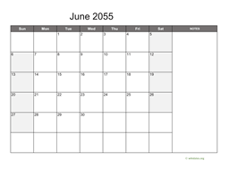 June 2055 Calendar with Notes