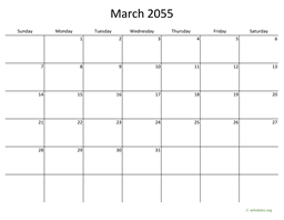 March 2055 Calendar with Bigger boxes