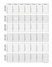 six months 2055 calendar vertical