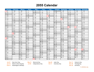 2055 Calendar Horizontal, One Page
