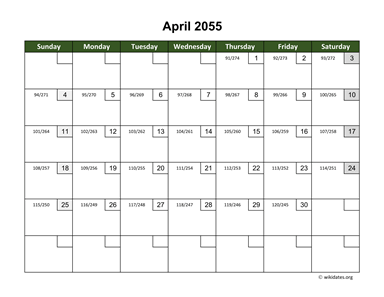 April 2055 Calendar with Day Numbers