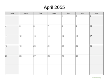 April 2055 Calendar with Weekend Shaded