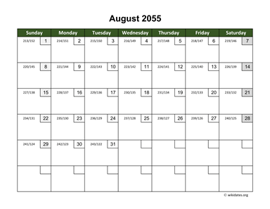 August 2055 Calendar with Day Numbers